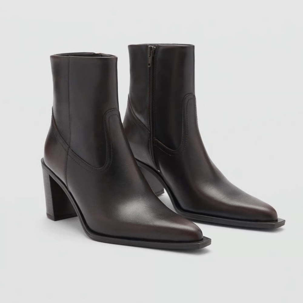 Brown Leather Block Heel Ankle Boots